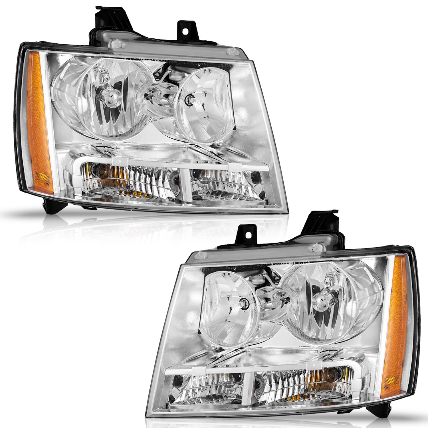 Headlight for 2007-2013 Avalancha/Suburban 2500, 2008-2013 Tahoe Hybrid, 07-14 Tahoe 1500, 2012-2014 Tahoe SSV Headlamp Chrome Housing Clear Left+Right Side