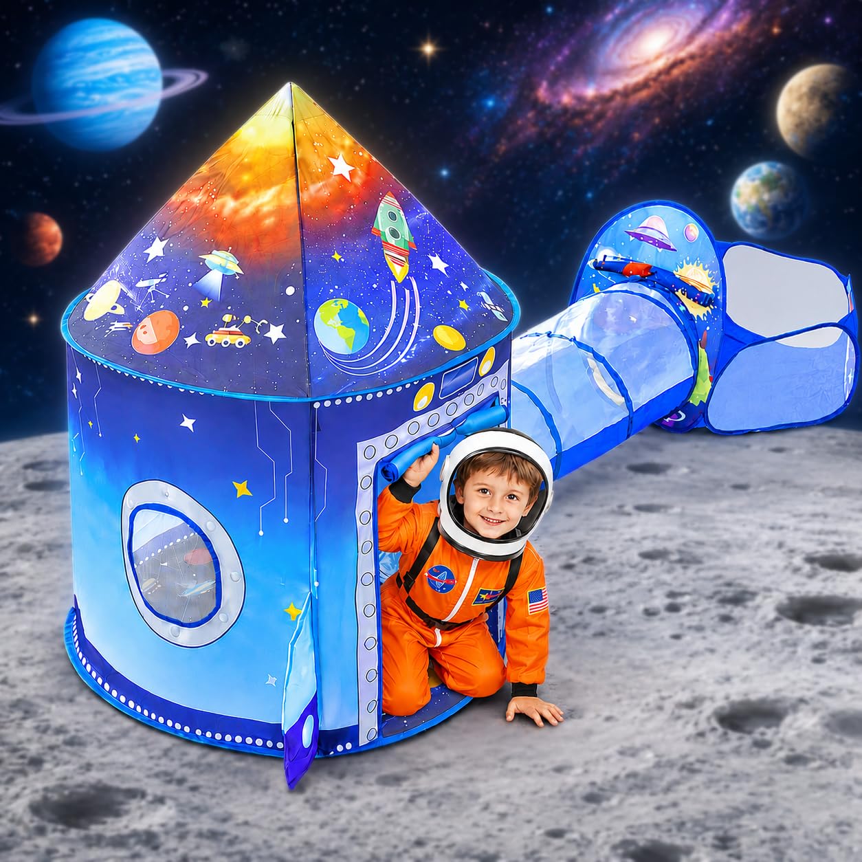 3-in-1 Rocket Ship Play Tent with Ball Pit Tunnel for Child Astronaut Room 3PC