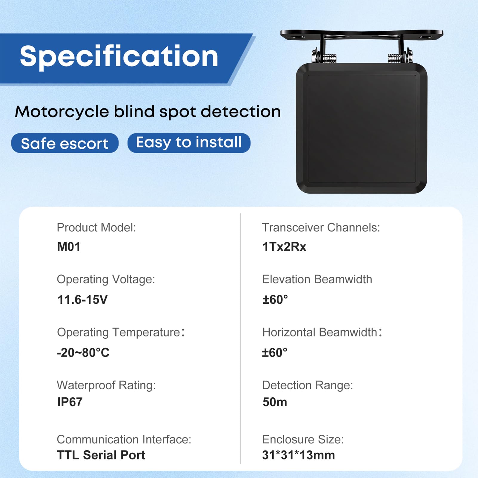 Acouto di Rilevamento Punti Ciechi Monitoraggio Punti Ciechi per Moto Assistente Corsia Onda Millimetrica 60GHz Onda Millimetrica 120° Grandangolo Portata 50 M con Avviso Audiovisivo