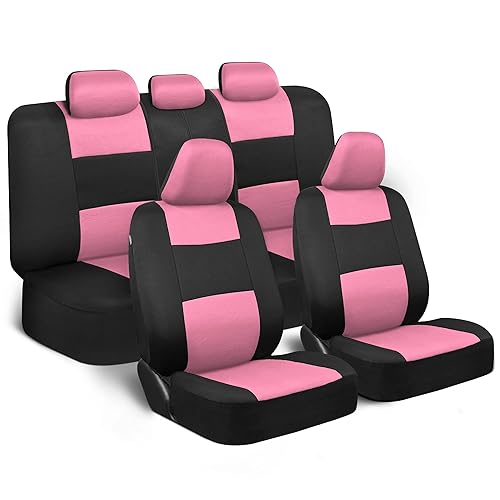 BDK PolyPro Car Seat Covers Full Set in Pink on Black, Front and Rear Split Bench Seat Covers for Cars, Easy to Install Car Seat Cover Set, Car Accessories for Auto Trucks Van SUV - Pink - Pink