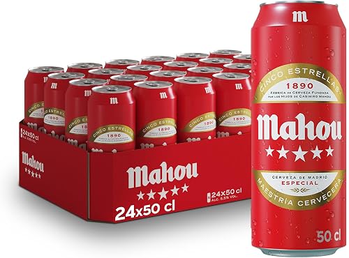 Mahou 5 Estrellas, Cerveza Lager Dorada, Pack 24 Latas x 50cl