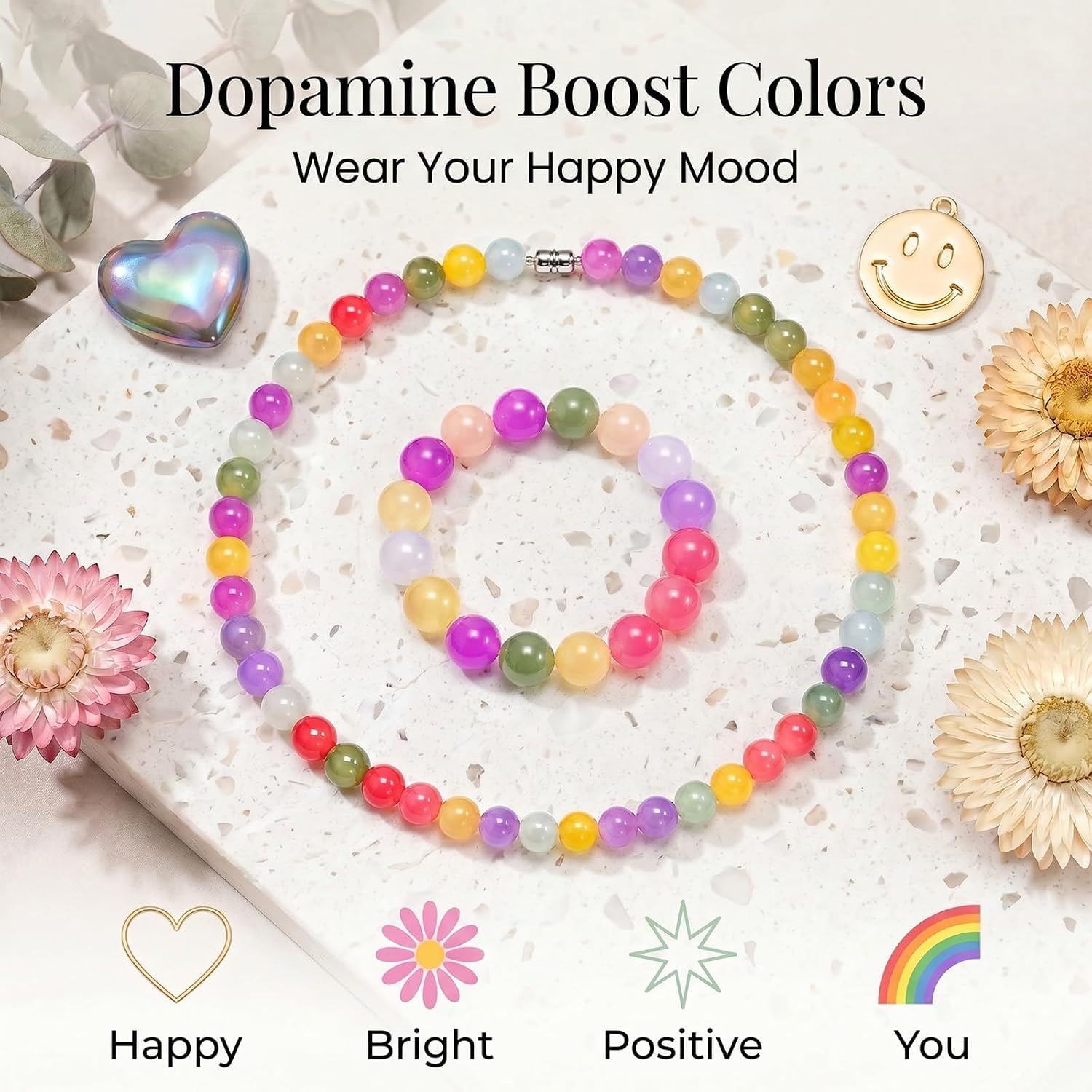 Dopamine Necklace UV Reactive Colorful Rainbow Beaded Necklace Dopamine Jewelry Set Color Changing Mood Necklaces Bracelet Earrings Summer Beach Vacation Gift for Women