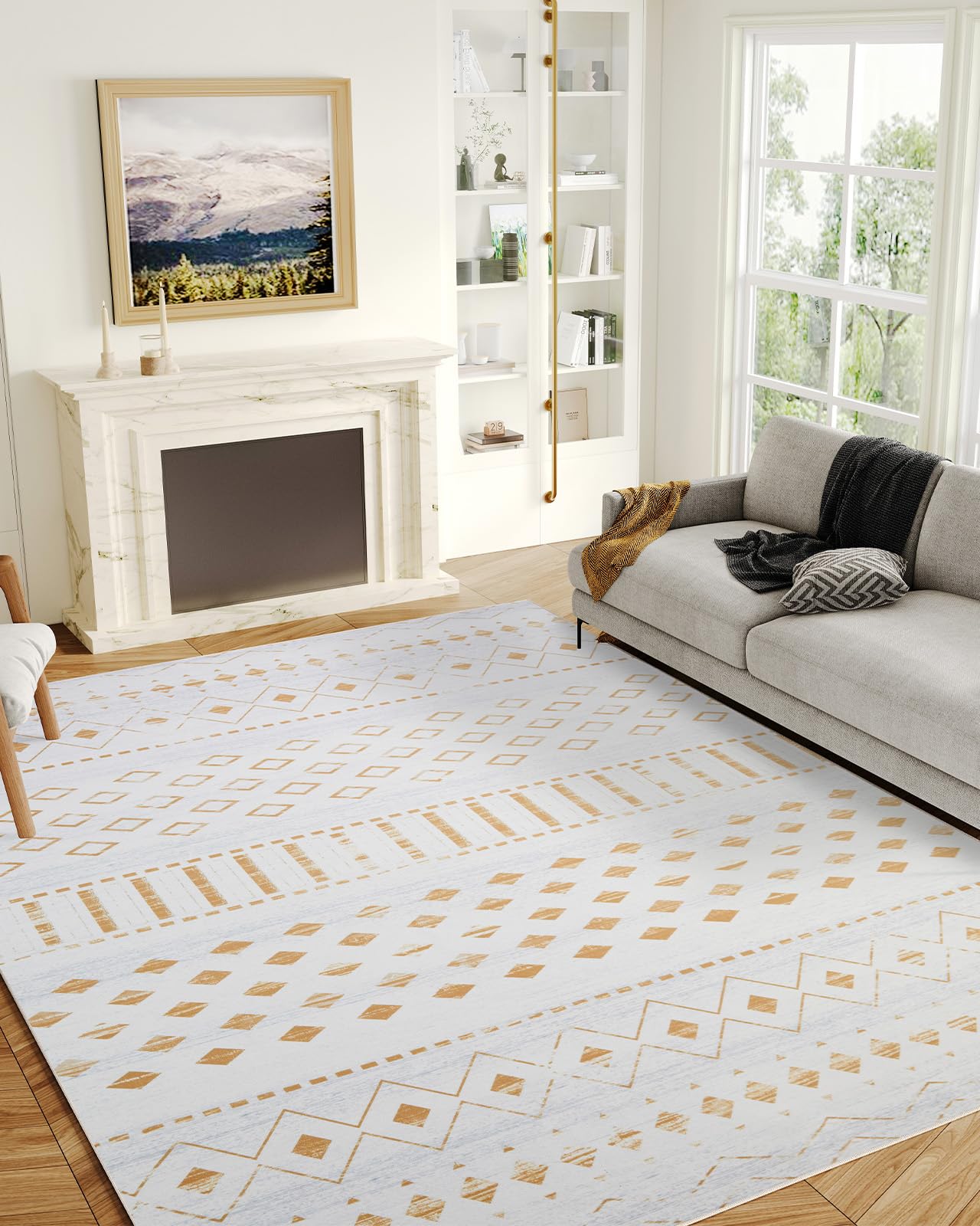 Belffin Boho Washable Area Rug for Living Room. Anti-Slip Backing Large Area Rug 6x9. Indoor Carpet. Gold Rug.