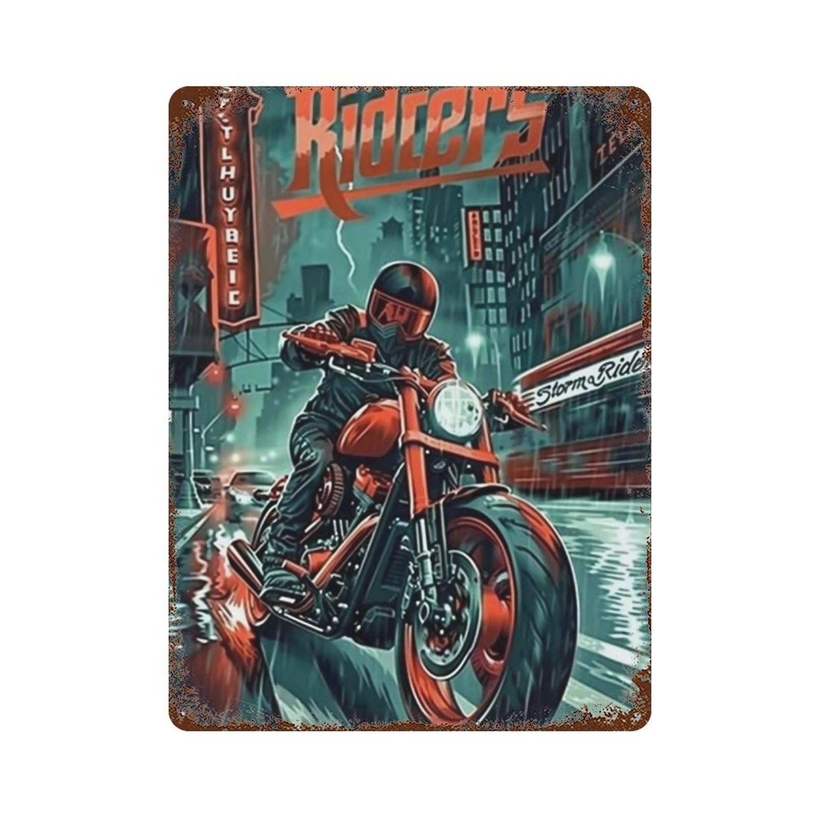 YHGERTKU Storm Riders Rainy City Lightning Biker 04 Wall Art Retro Iron Vintage Metal Tin Sign Poster Modern Decor for Living Rooms Gift 40x30cm