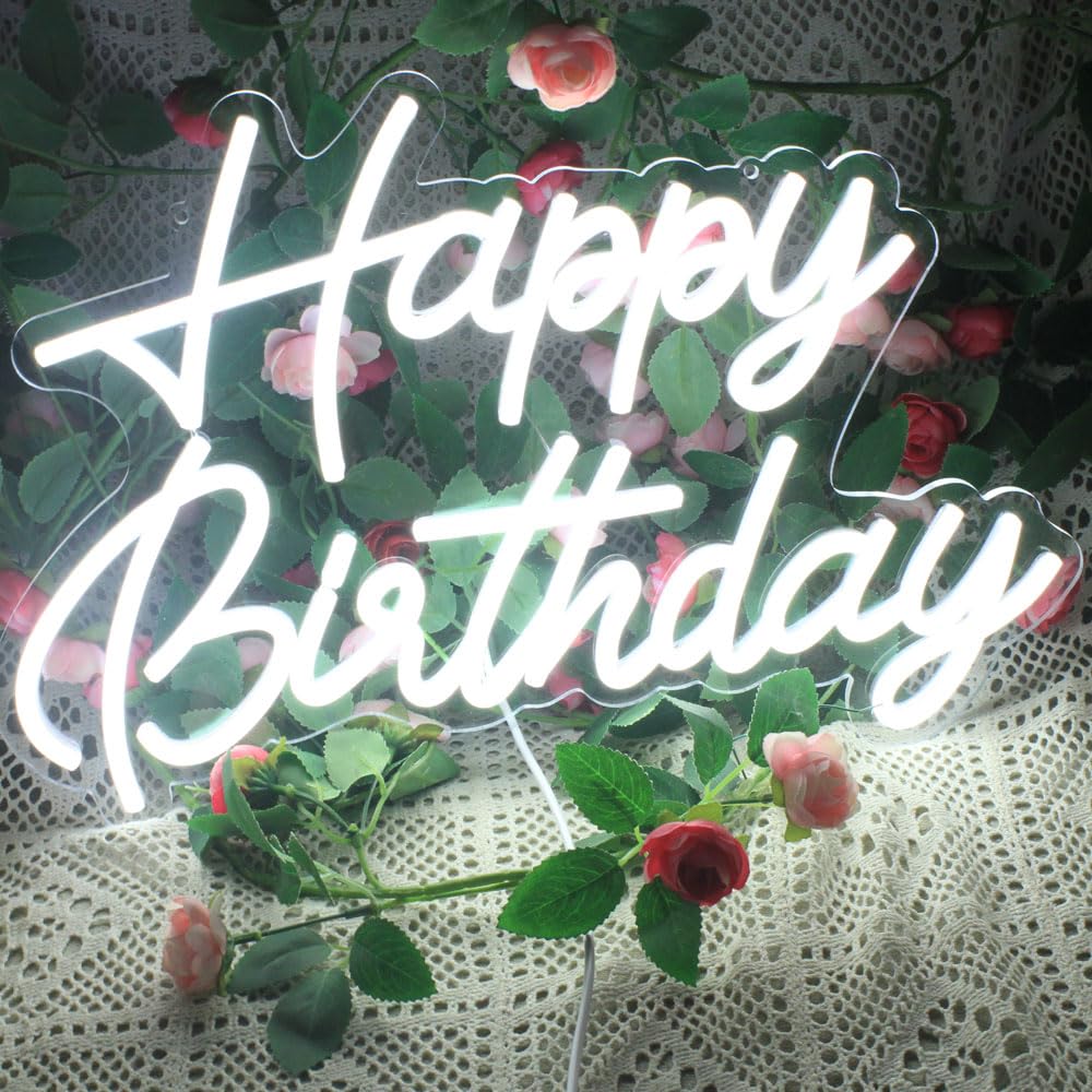 DAKABUKA LED Happy Birthday Neon Sign Night Happy Birthday Sign with Dimmable Switch Party Decorations White USB Operated Decorative for Backdrop Party Bedroom Wall Décor 5v