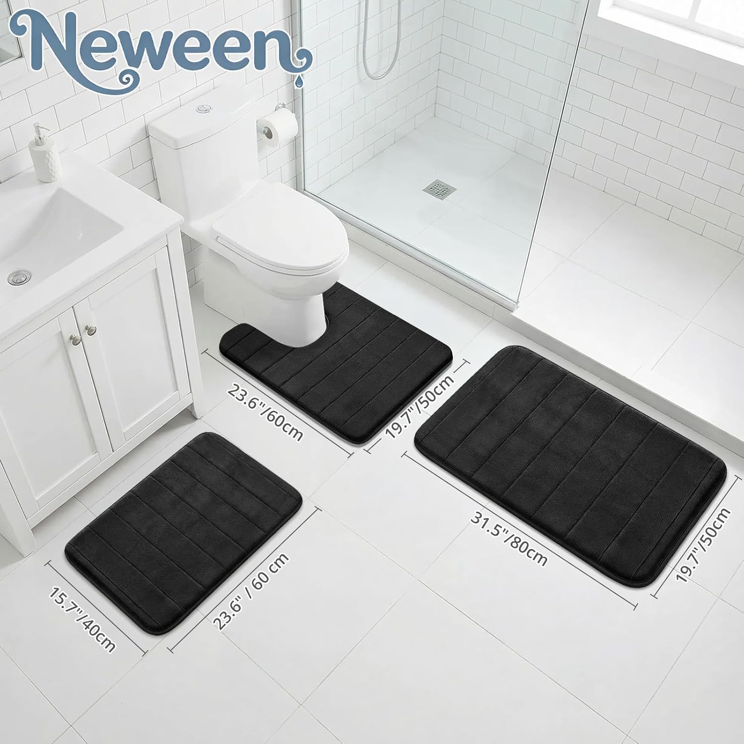 Neween 3 Piece Memory Foam Bath Mat Set - Thick Cushioned Soft Fabric Bathroom Rugs, Non-Slip Absorbent & Quick Dry Bath Mats for Bathroom Floor, Includes Large, Small and U-Shaped Toilet Rug (Black)