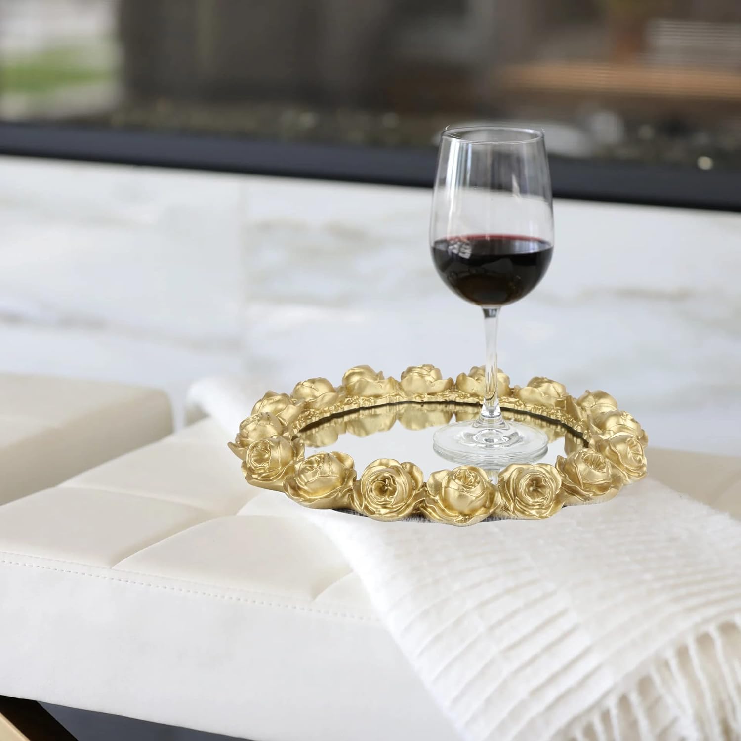 Vixdonos Decorative Round Mirror Tray Bathroom Vanity Tray with Gold Resin Rose for Perfume,Jewelry and Makeup - Image 7