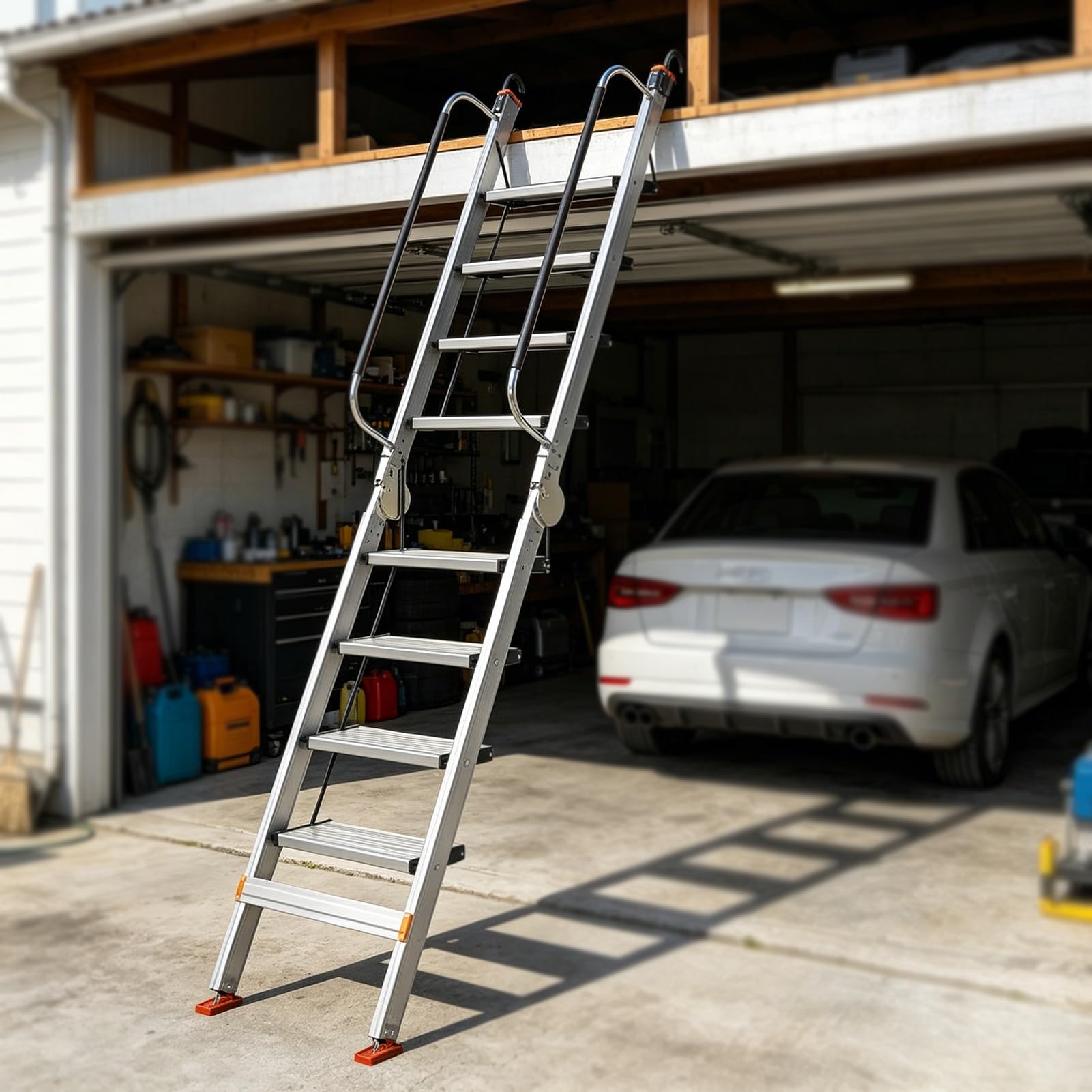 Aluminum Folding Attic Ladder for Garage, Heavy Duty Loft Ladders with Handrails & Hooks, Portable Building Roof Access Ladder for Home(14 Steps 3.5-3.7m (137.8-145.7"))
