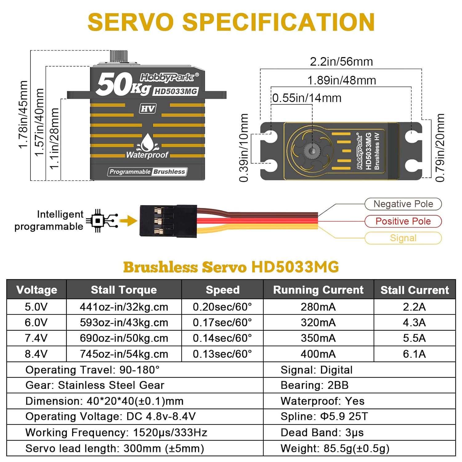 HobbyPark Waterproof 50KG High Torque RC Servo Brushless Motor 8.4V HV Servo Metal Gears Programmable for 1/7 1/8 1/10 1/12 RC Crawler RC Truck RC Car Buggy Robotic Control Angle 180°