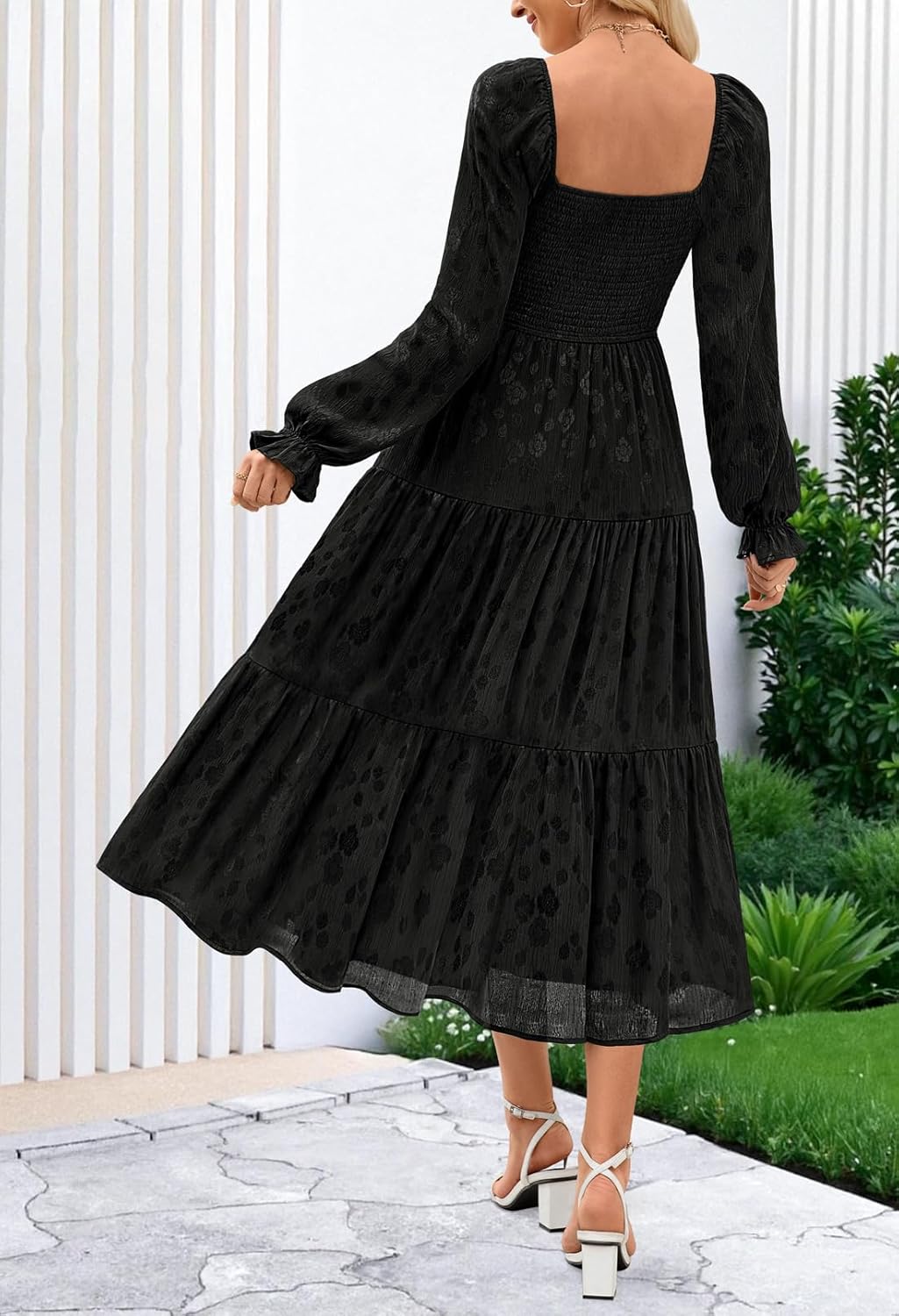 MEROKEETY Women's Fall Long Sleeve Floral Midi Dress Smocked Ruffle Tiered Square Neck Wedding Guest Dresses Pockets - Image 5