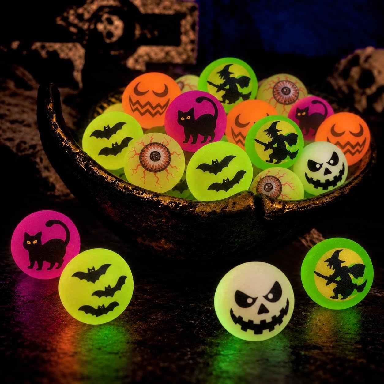 GiftExpress 48 PCS Halloween Bouncy Balls, Glow in the Dark Party Favors
