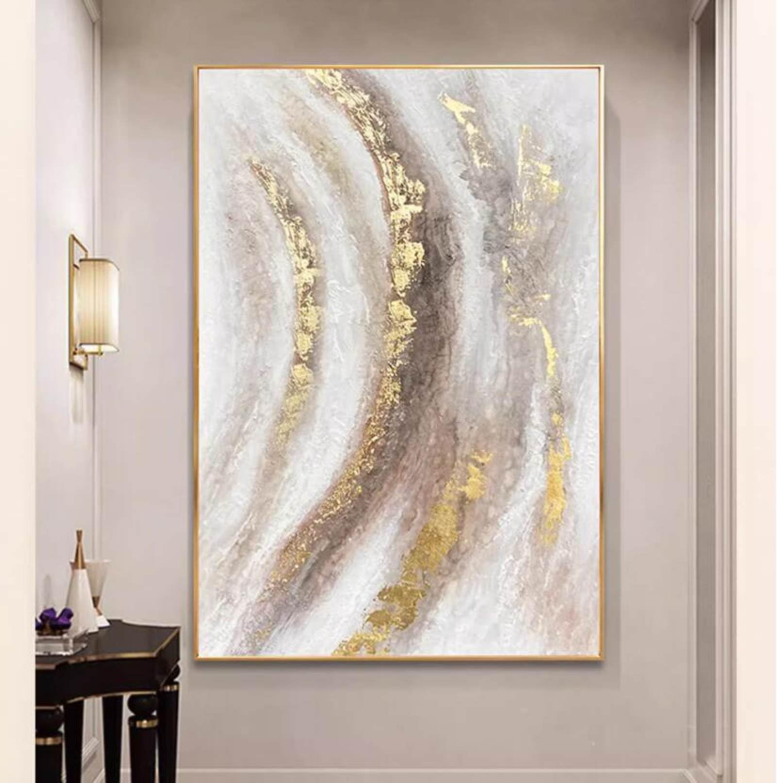 Peintures abstraites peintes à la main sur toile avec lignes d'or texturées