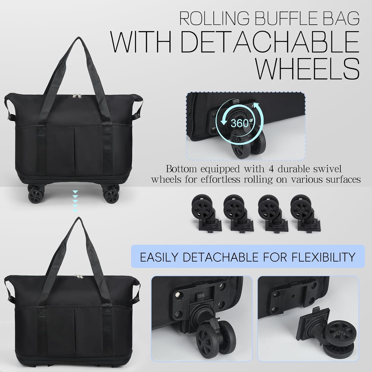 VOOWO Duffel Bag with Wheels - Rolling Foldable Expandable Duffle Bag with Wheels for Travel, Rolling Luggage Bag Carry On Travel Bag with Wheels, Large Wheeled Overnight Weekender Bag (Black) - Image 5