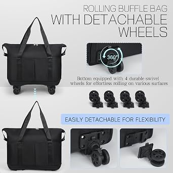 VOOWO Wheeled Duffel Bag with Wheels 28-66L Foldable Expandable Duffle Bag with Wheels for Travel Wheeled Luggage Large Weekend Bag for Men Women