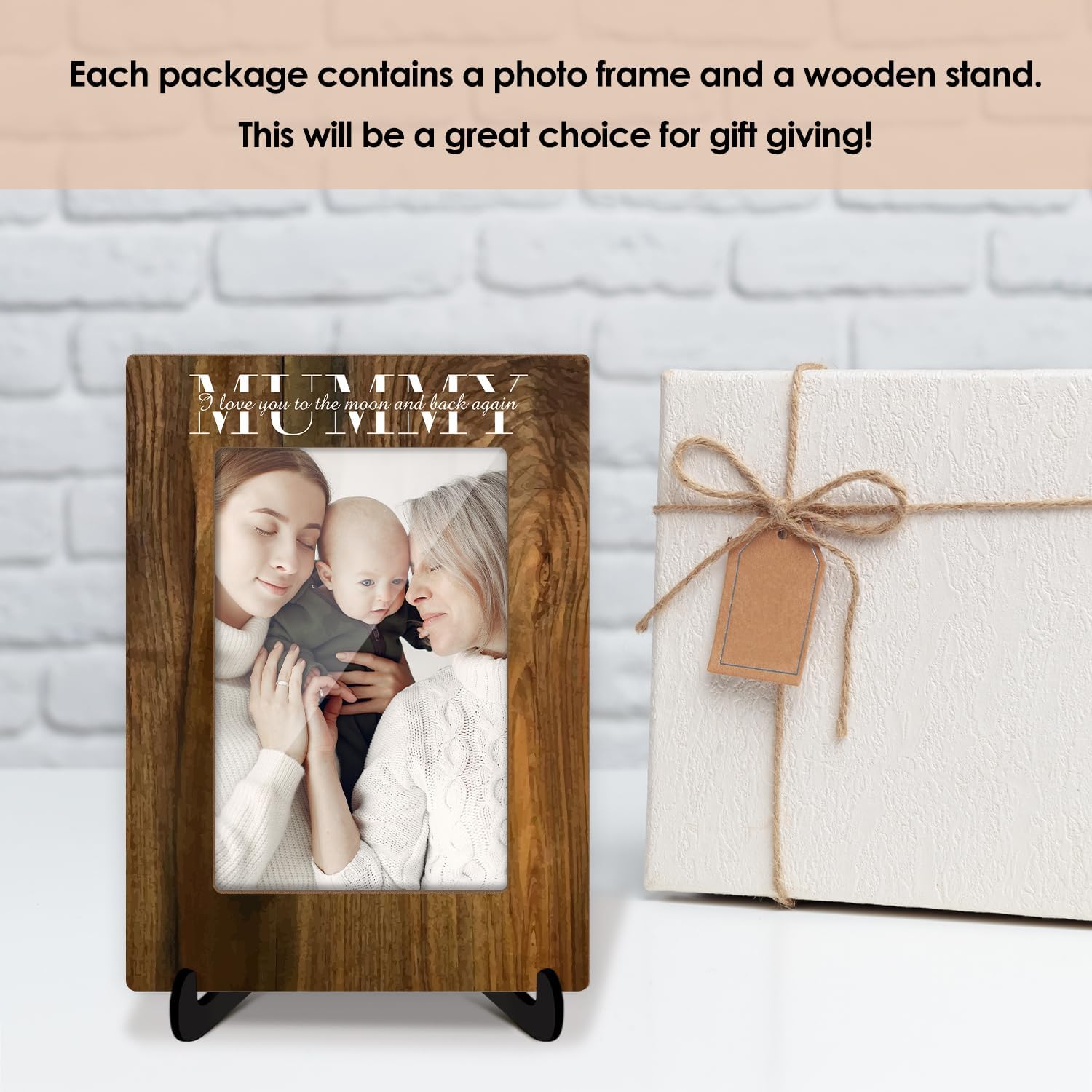 Mom Wooden Picture Frame with Stand, Mother's Day Gift for Women Mom Mommy Mother Gifts, I Love You to the Moon and Back Photo Frame Tabletop Display 4x6" Vertical, Shelf Home Desk Decor -16 - Image 3