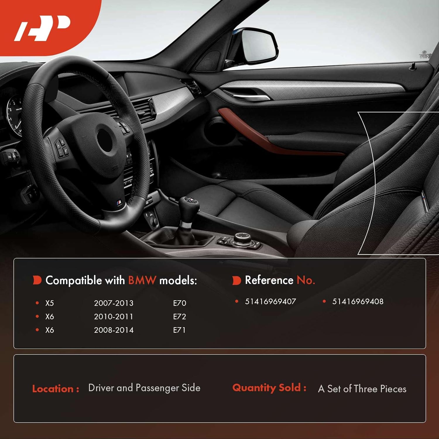 A-Premium Door Armrest Interior Door Pull Handle Panel Compatible with BMW X5 2007-2013, X6 2008-2014, Driver & Passenger Side, Red Brown, 3-PC Set