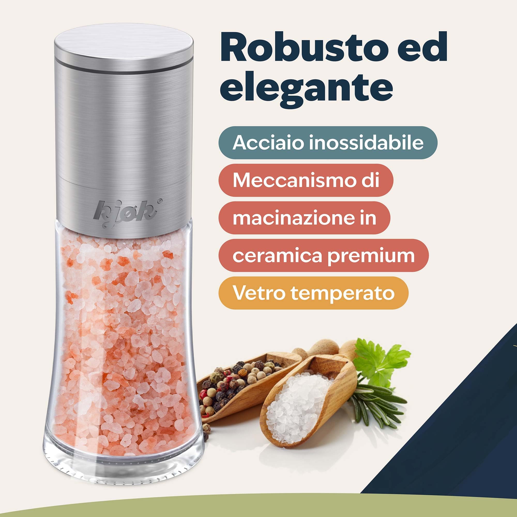 kjøk Set 2 Macinini Sale e Pepe in Acciaio Inox e Vetro – macinapepe manuale con macinazione in ceramica regolabile – senza BPA – per sale, pepe ed erbe essiccate