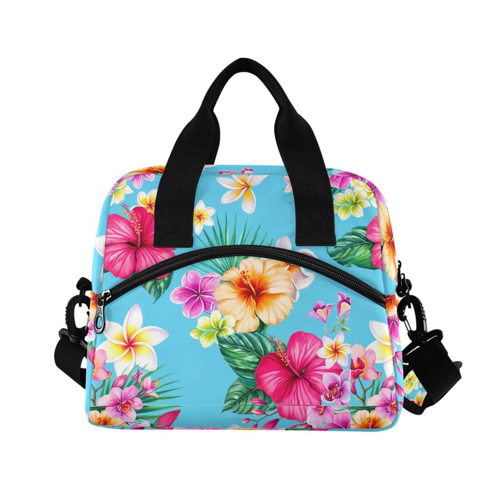 Sinestour Insulated Lunch Bag Reusable Cooler Hibiscus Leaves Blue Lunch Box Adjustable Shoulder Strap for Adults School Office