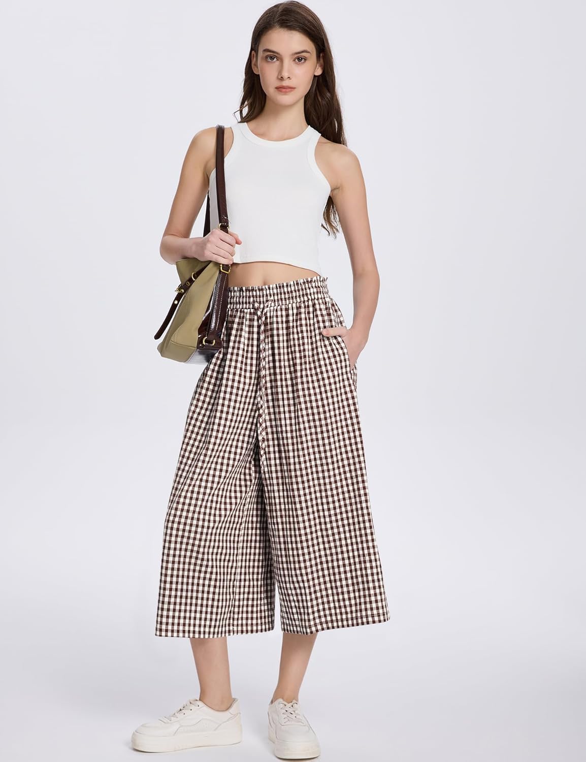 Rapbin Wide Leg Capri Pants for Women Gingham Striped Culottes Flowy Elastic Waist Cropped Palazzo Pants with Pockets - Image 5