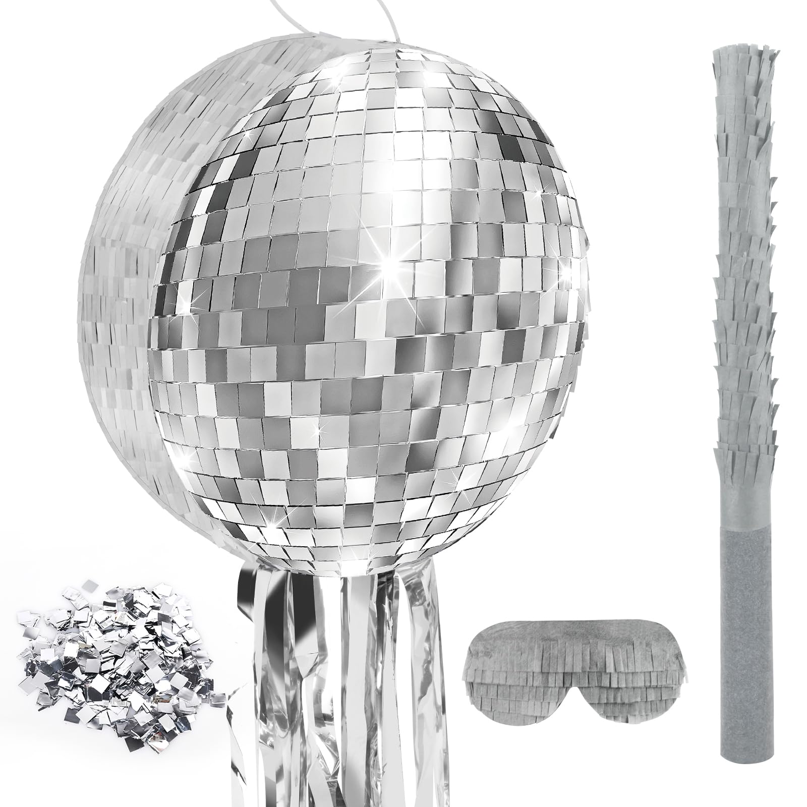 12.5 Inch Disco Party Pinata 80s 90s Roller Skating Pinata Mirror Disco Ball Pinata with Blindfold Stick Confetti for 80s 90s Disco Birthday Wedding Party Supplies Decor (Disco Ball)
