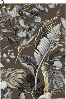 24x16 Inch Golf Towel, Grey Gold Tropical Leaves Waffle Weave Towels | Quick-Dry, 88% Polyester, 12% Nylon, With Carabiner Clip, Durable & Soft, Cleaning Cloth For Golf Bag