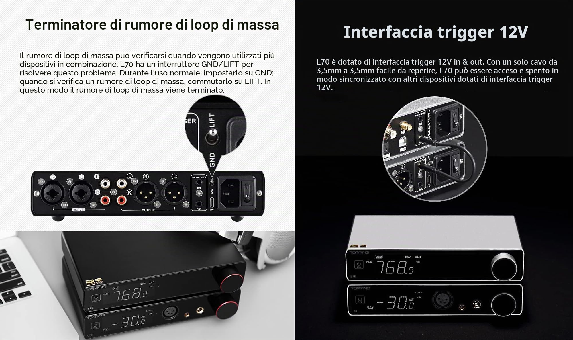 Topping L70 Amplificatore per cuffie NFCA completamente simmetrico - XLR/4,4 mm bilanciato/6,35 mm SE cuffie amplificatore 7500 mW x 2 uscite R2R controllo volume preamplificatore argento