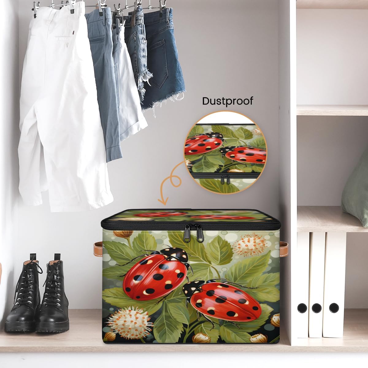 Storage Bin Set of 2 Leaf Ladybugs Storage Basket with Zipper Lid & Handle Foldable Closet Shelf 2 Pack Cloth Organizer Basket Cube Bins Clothes Organizer for Bedroom, Nursery