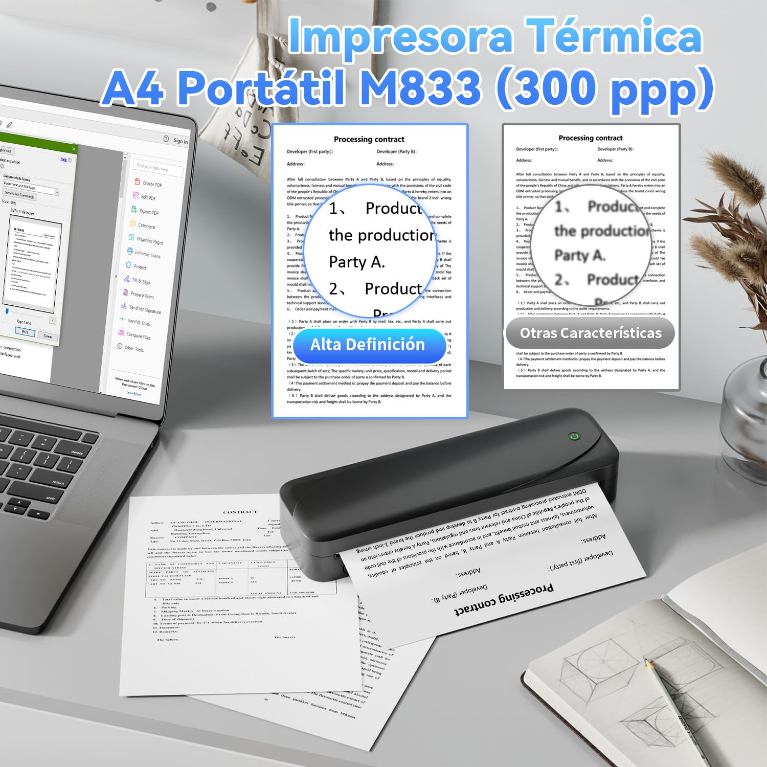 Phomemo M833 Impresora Termica Portatil A4, 300DPI Impresora Portatil Inalambrica Bluetooth para Coche, Oficina, Hogar, Impresora Móvil Sin Tinta,Compatible con Smartphones y Portátiles,Negro