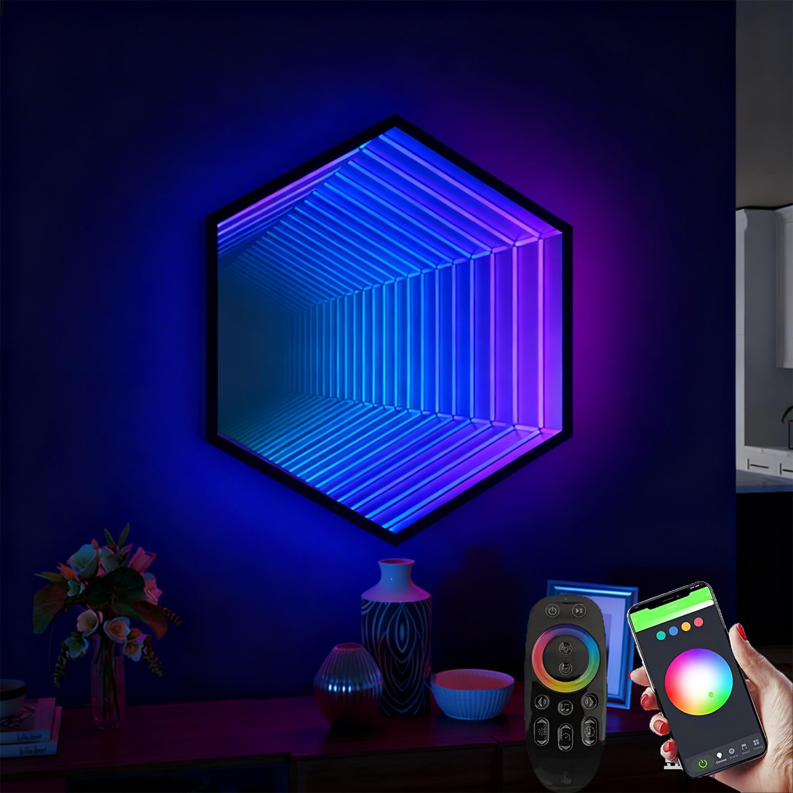 Kinkiet LED Infinity, Tunel świetlny 3D Z Pilotem, 358 Dynamicznych Efektów, Do Oświetlenia Otoczenia Kina Domowego I Tła Baru Hexagon-50cm