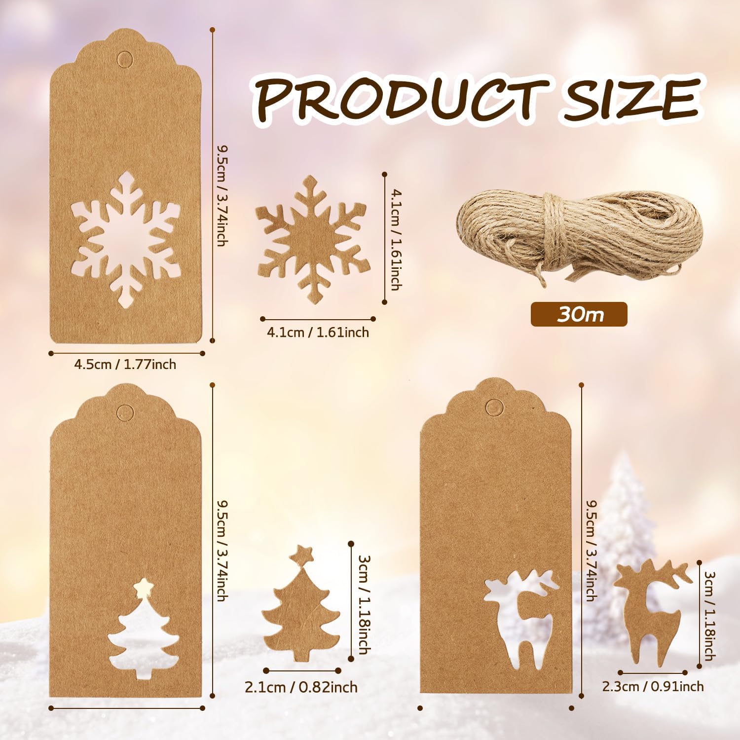150 Pcs Christmas Paper Tags with String Attached Labels Christmas Tree Snowflake Reindeer Design Writable Hang Tag with 30 Meters Jute Twine for Christmas Holiday Present Wrap (Brown)