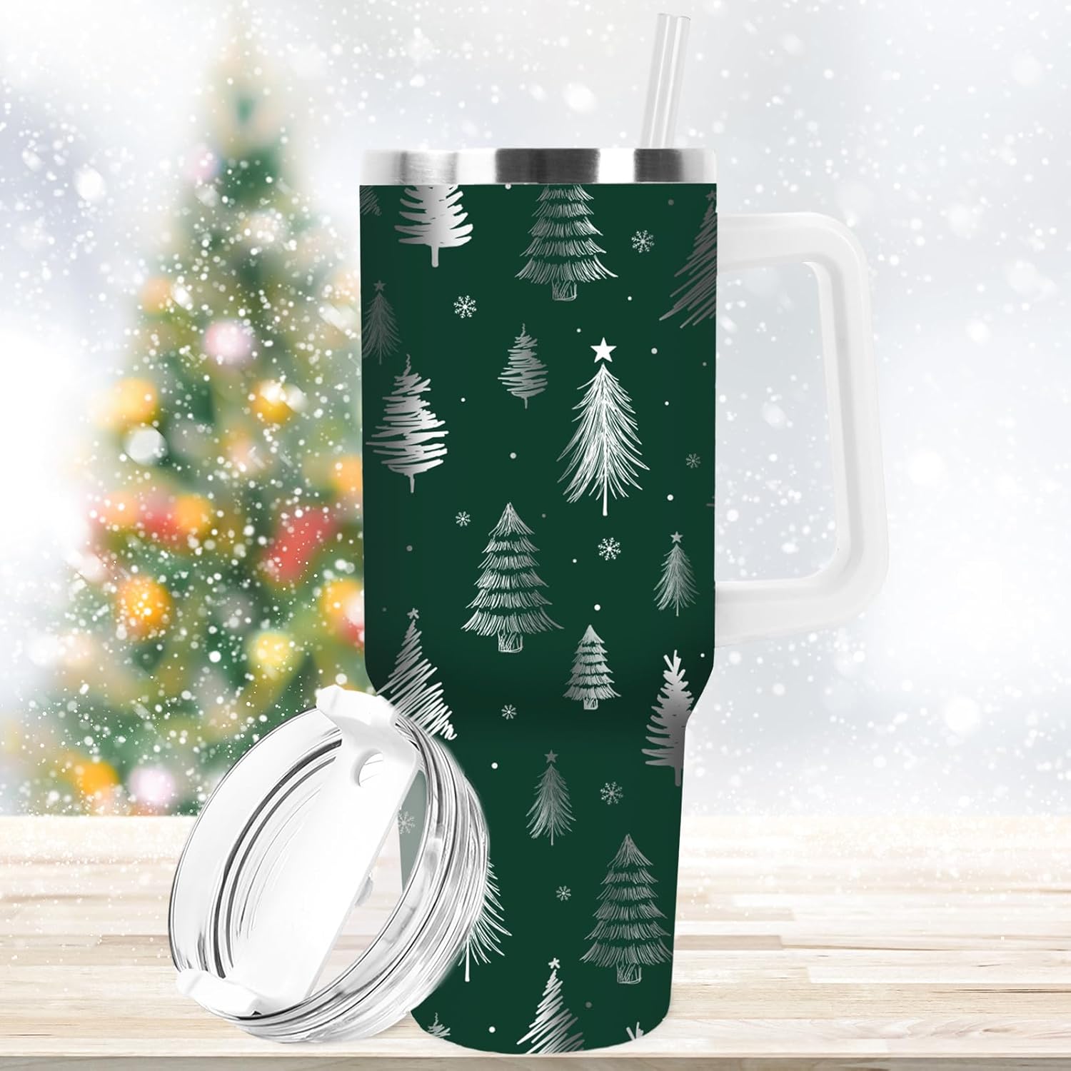 Whaline Winter Tumbler 40oz Green Christmas Tree Tumbler with Lid Straw Laser Engraved Stainless Steel Cup with Handle for Xmas Christmas Gift Home Office Travel