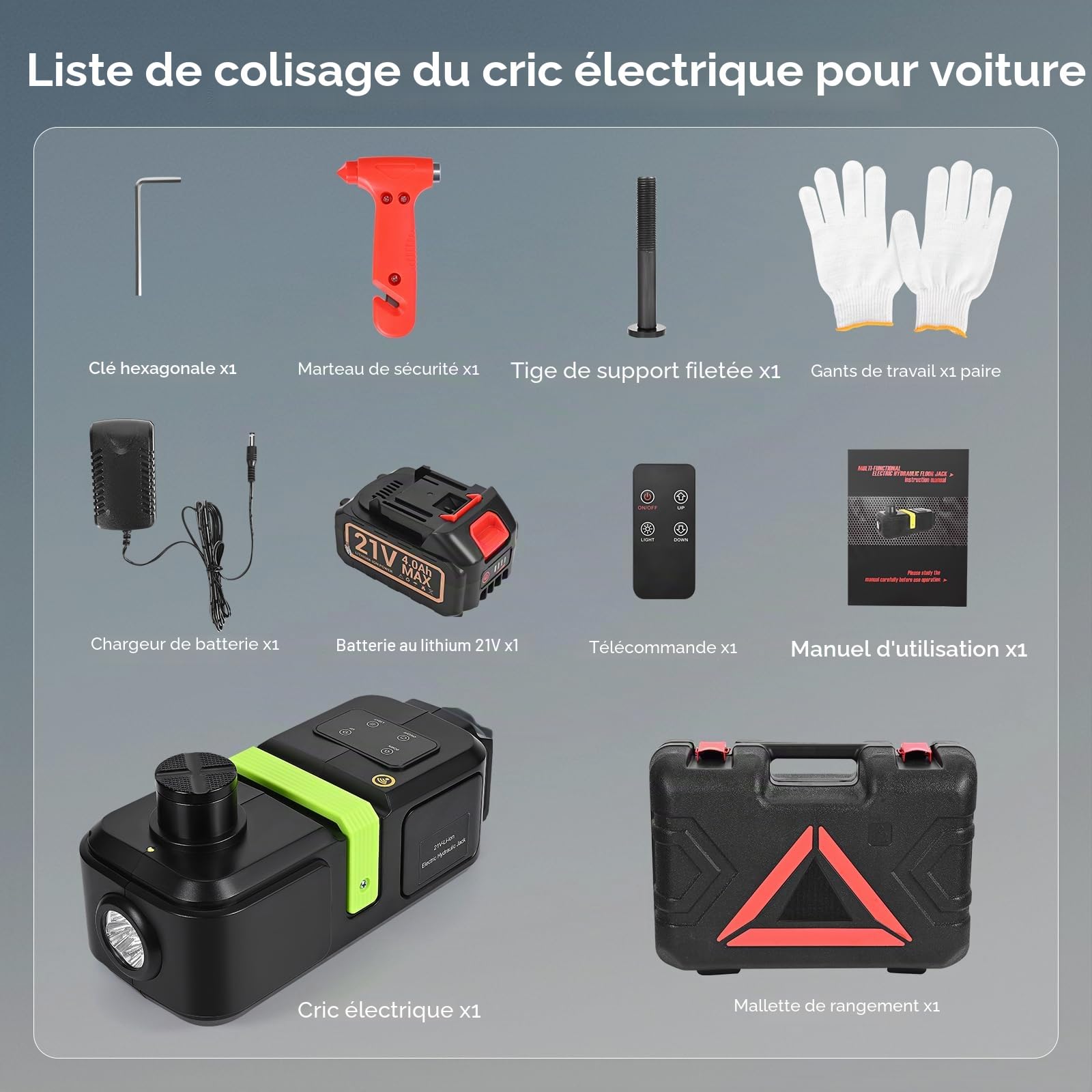 Cric hydraulique électrique 5T, Cric électrique avec Batterie 4,0Ah, Capacité de Levage 15-53cm, avec Chargeur, Pompe à air Gonflable et Lampe LED pour Voiture, SUV, berline, MPV