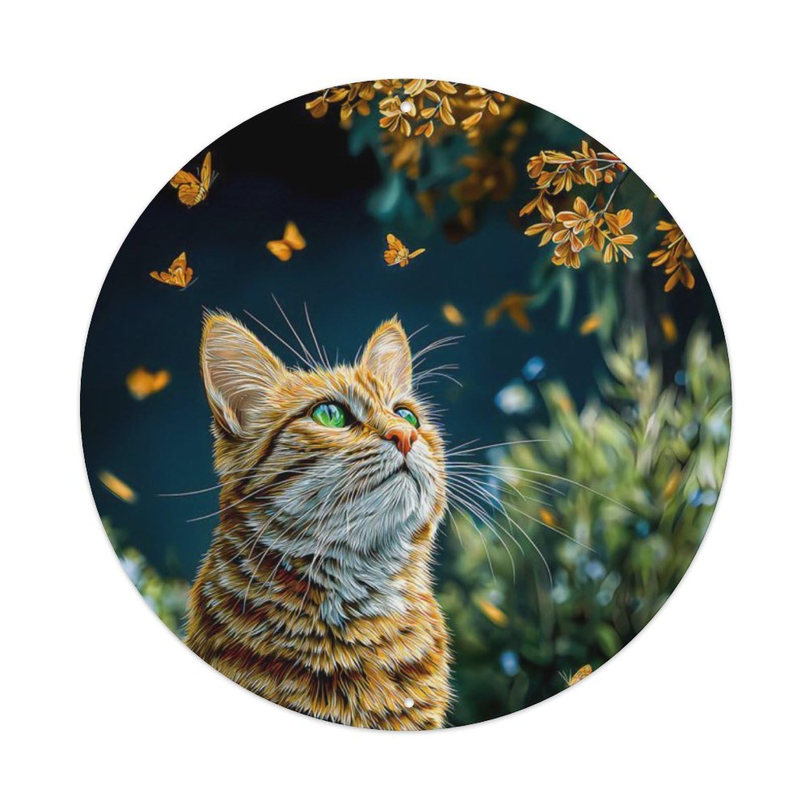 Animal Tabby Cat Autumn Butterfly Cozy Peaceful Vintage Metal Tin Sign Plaque Wall Decor for Cafe, Club Bar, Office, Garden Metal Poster 8x8Inch