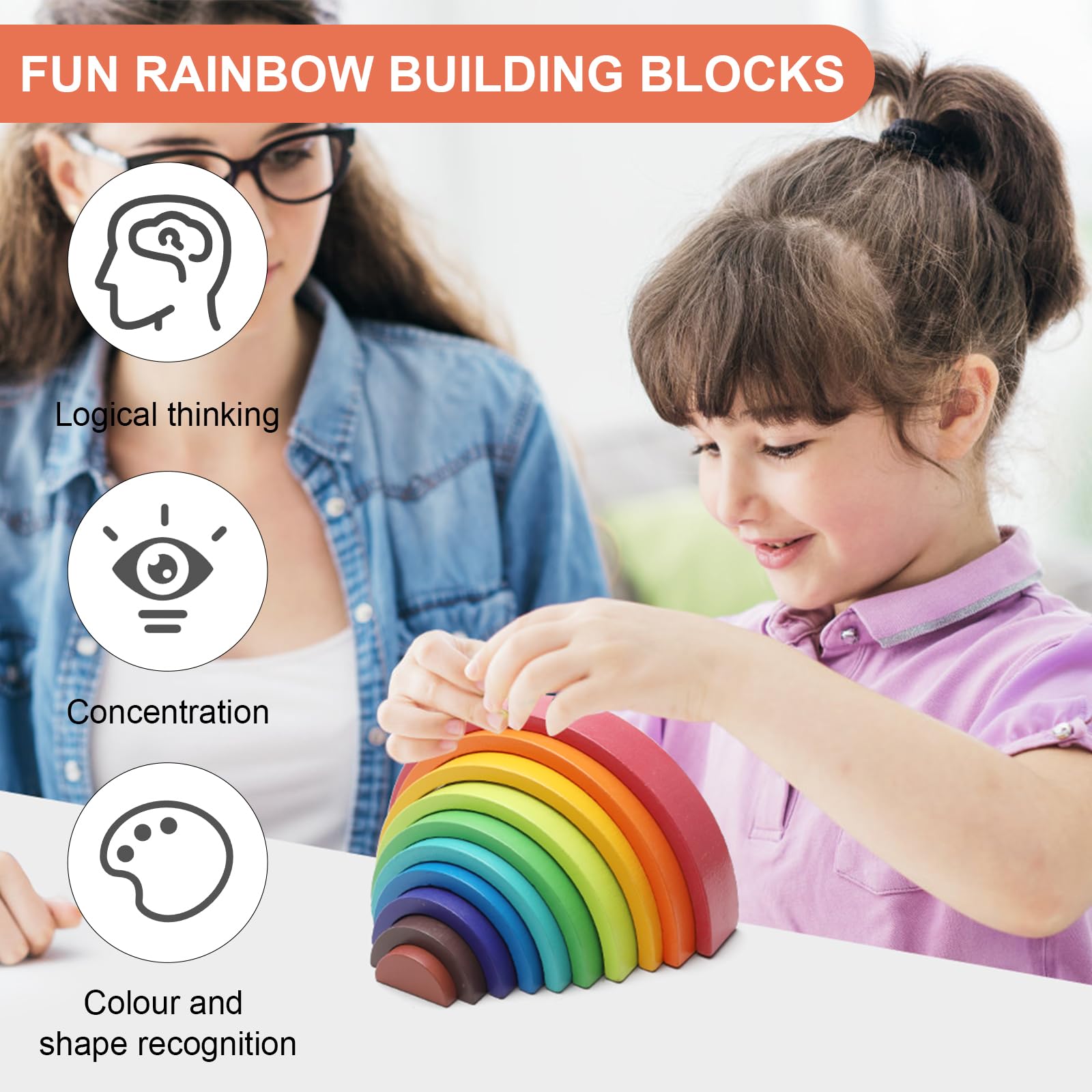 Jouet arc-en-ciel en bois, blocs de construction en bois empilables pour enfants (10 couleurs)