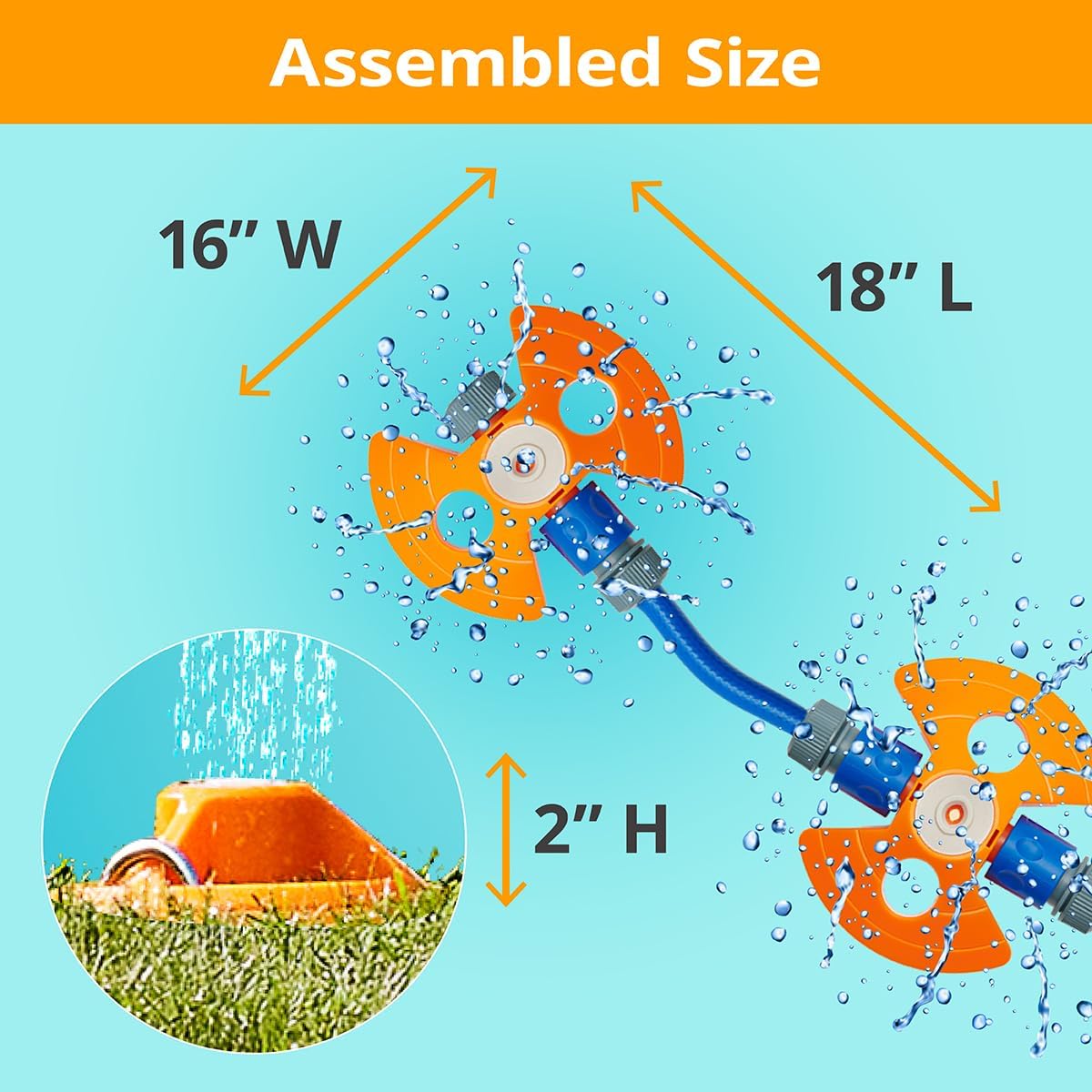 Diagram showing the assembled size of the Plum Water Park Jet Set, with dimensions 18 inches long, 16 inches wide, and 2 inches high.