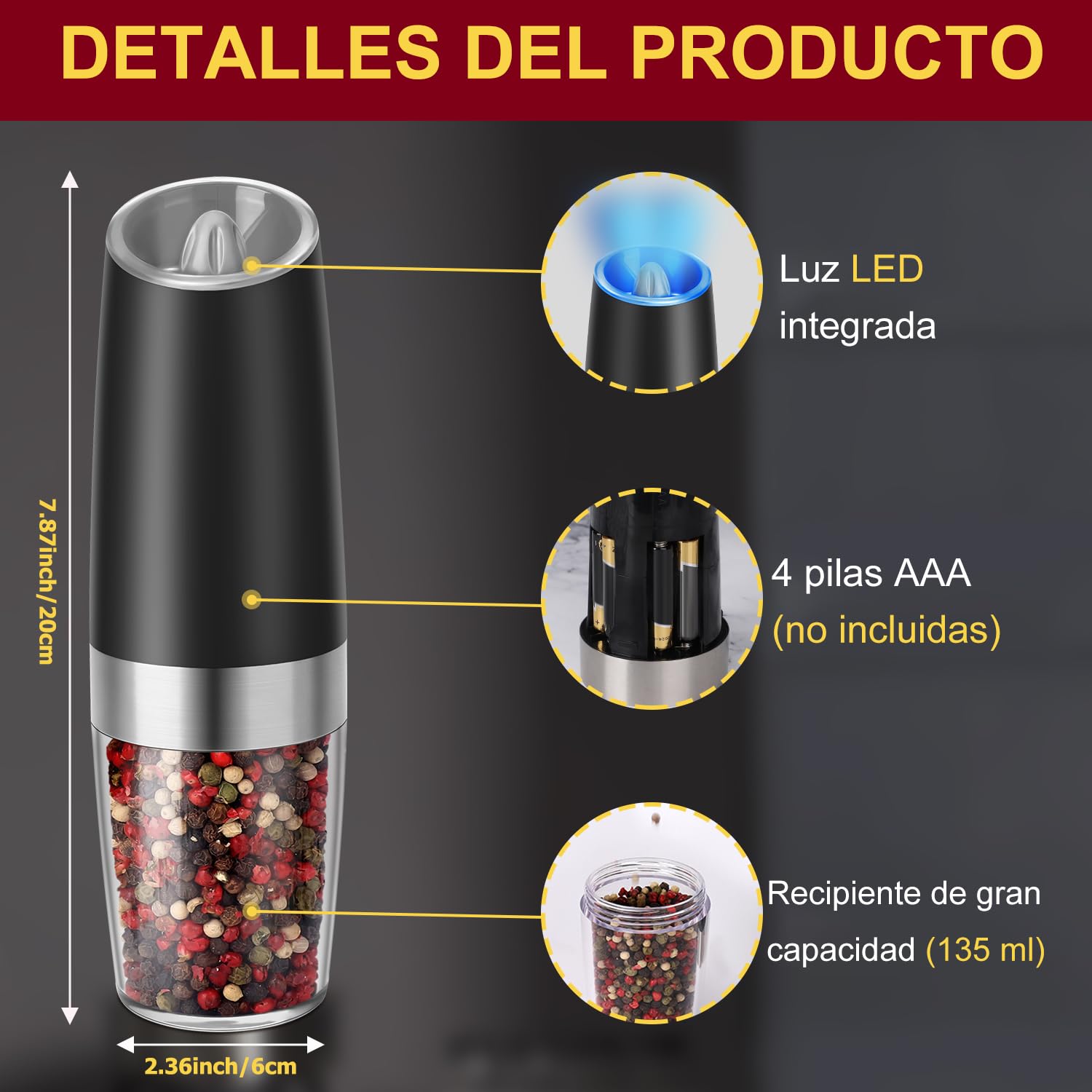 Molinillo Pimienta, Hotec Molinillos Eléctricos de Pimienta y Sal, 9 oz de Alta Capacidad, Funciona con Pilas AAA con Sensor de Gravedad, 6 Niveles de Molienda e Indicador LED,Juego de 2