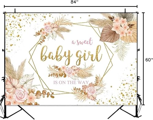 Miniatura 8 de Sensfun Telón de fondo bohemio bohemio floral dulce para bebé, 7 x 5 pies, baby shower, flores rosadas, hierba de pampas, puntos dorados,