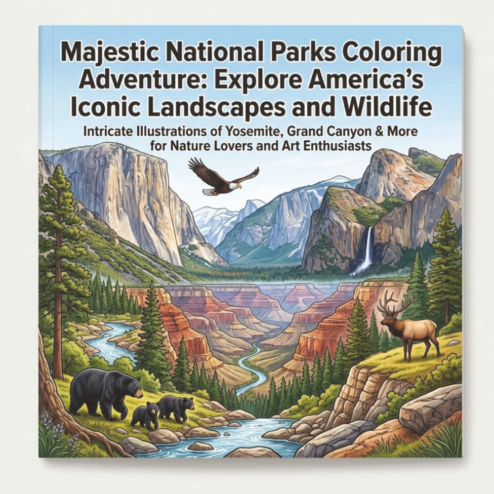 Majestic National Parks Coloring Adventure: Explore America's Iconic Landscapes and Wildlife: Intricate Illustrations of Yosemite, Grand Canyon & More for Nature Lovers and Art Enthusiasts