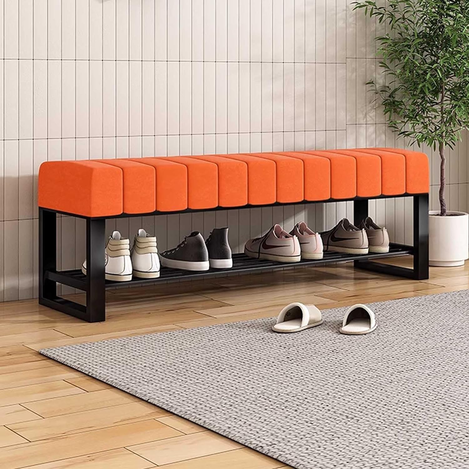 GYEQXKT Entryway Shoe Bench with Storage and Metal Shoe Rack, 2 Tier Organizer for Hallway, Living Room, Mudroom