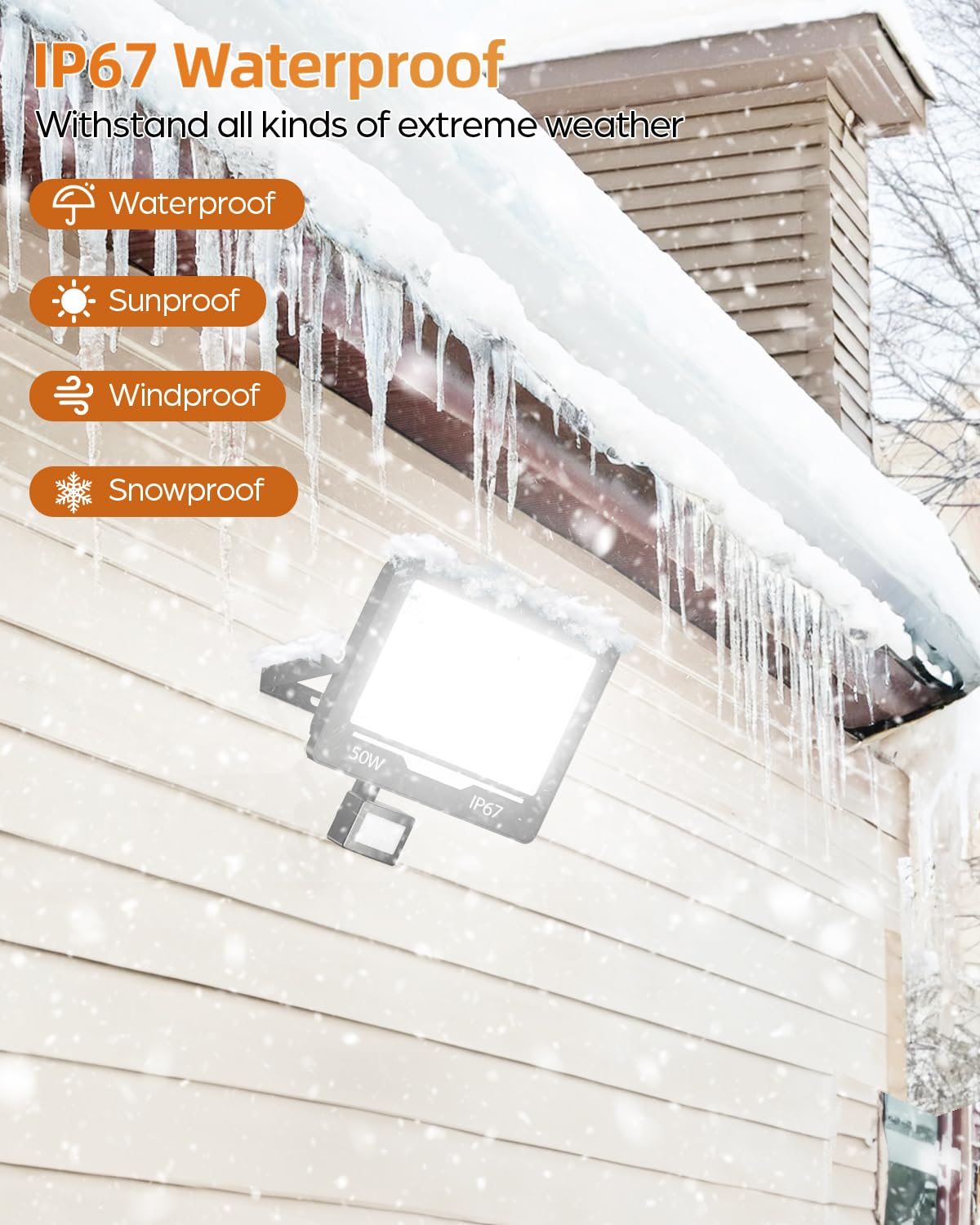 50W 5000LM Faretto LED da Esterno con Sensore di Movimento 2 Pezzi, 6500K Bianco Freddo Impermeabile IP67 Faretto Faro LED Esterno con Sensore Movimento per Cortile, Giardino