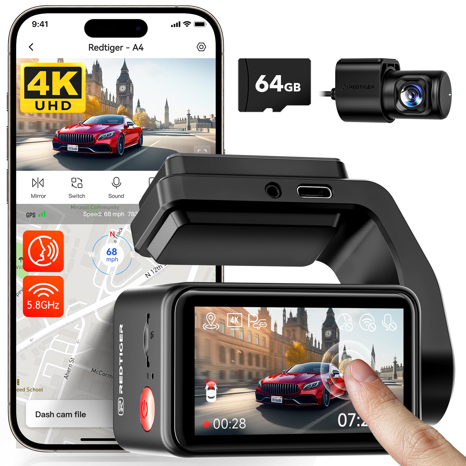 REDTIGER A4-4K+1080P Dash Cam Front and Rear Built-in 5.8GHz WiFi and GPS, Dash Camera for Cars with 64GB Card, Touch Screen Dashcam, Voice Control, 24H Parking Mode, Night Vision, Support M