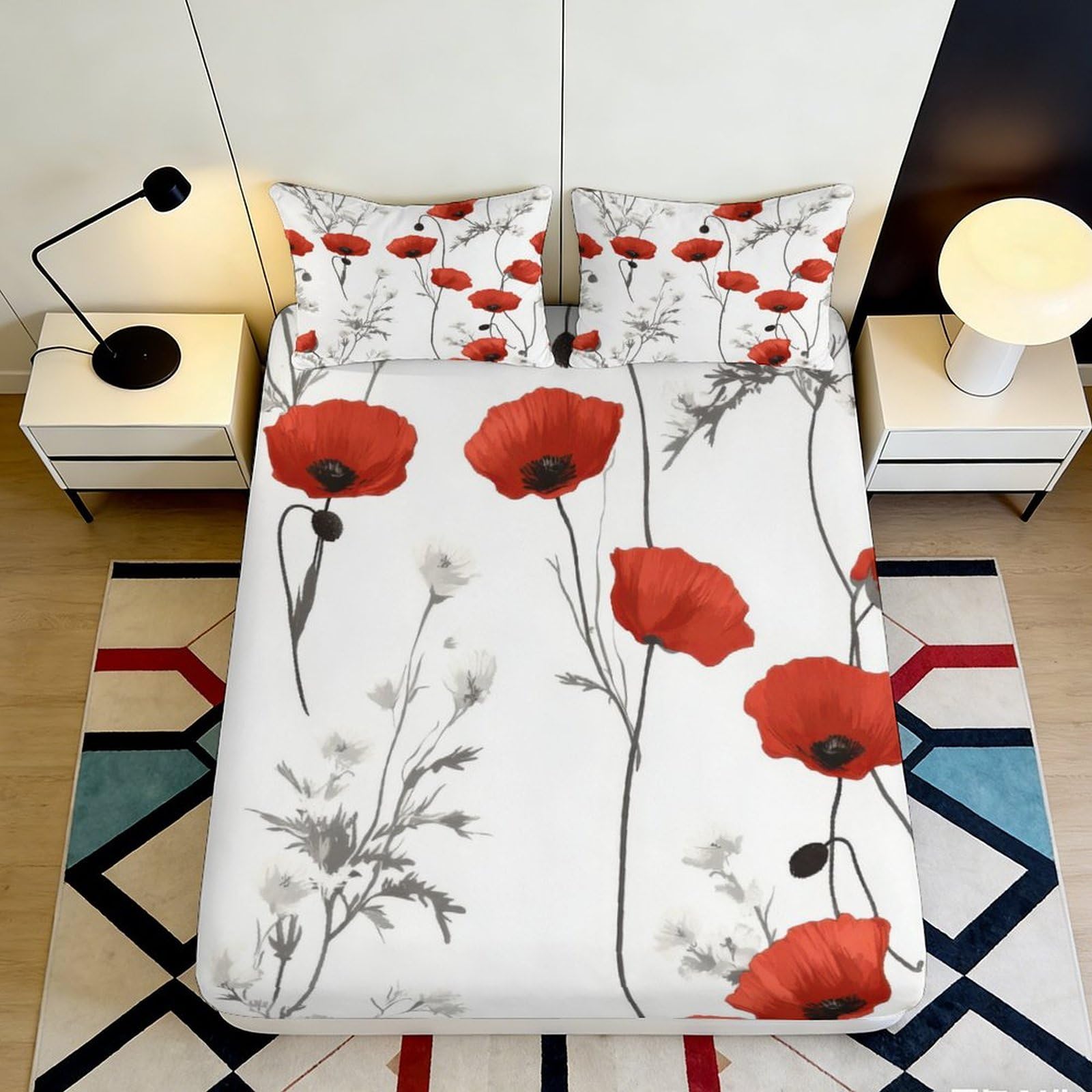 3D Printed Red Poppy Flower Fitted Sheet Microfiber Soft Breathable Botanical Mattress Cover for Bedroom Guest Room Decor 120x200x25cm