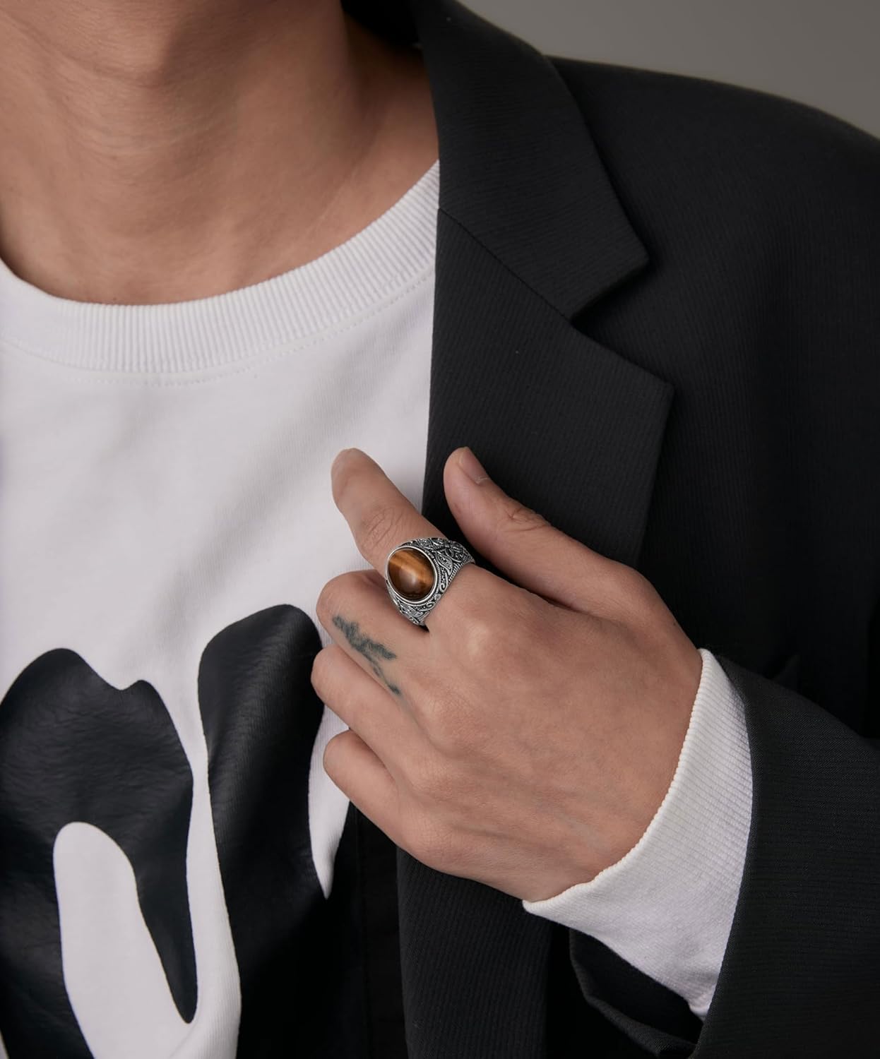 Retro Large Tiger Eye Stone Turquoise Wedding Ring For Men Classical Gothic Stainless Steel Rings - Image 3