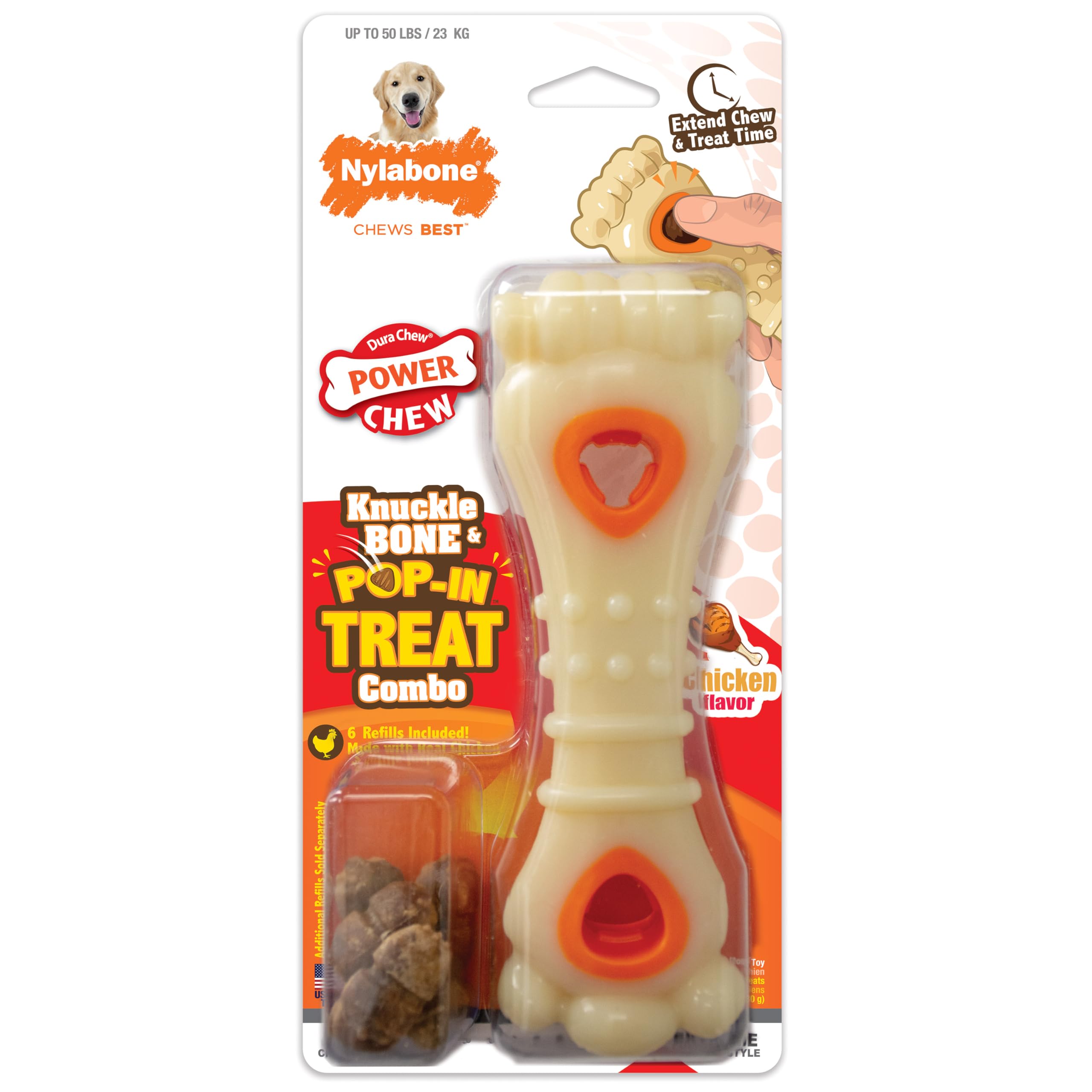 Nylabone Power Chew Knuckle Bone & Pop-In Treat Toy Combo kurczak smak duży/gigantyczny - do 22,7 kg.