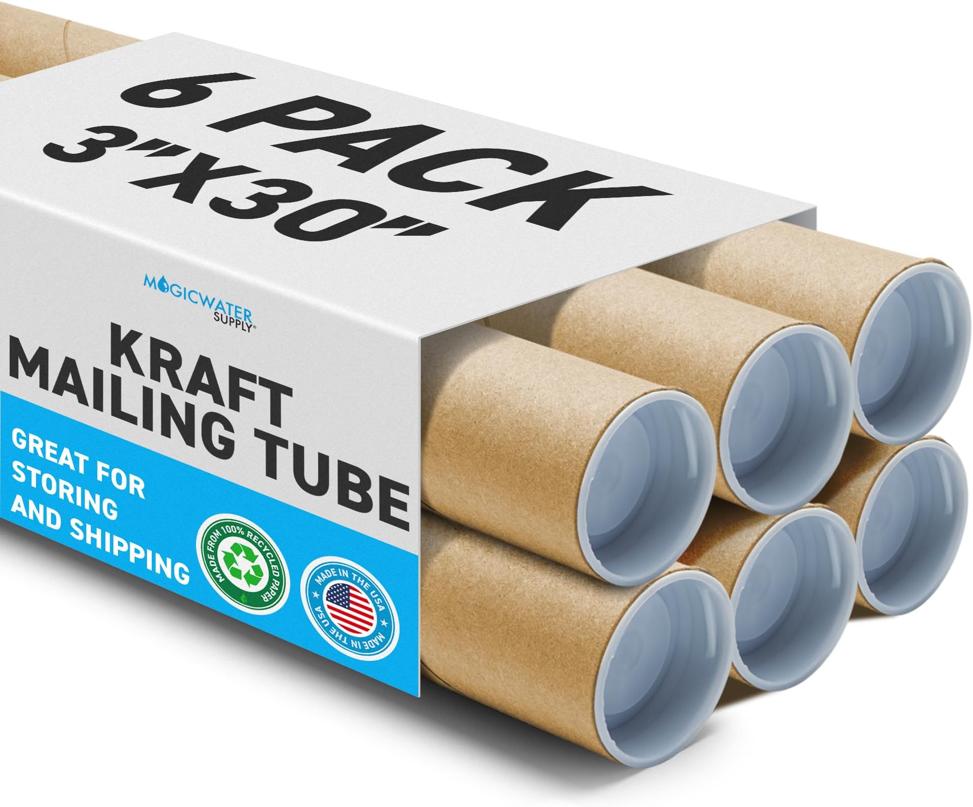 MagicWater Supply Mailing Tube - 3 in x 30 in - Kraft - 6 Pack - for Shipping and Storage of Posters, Arts, Crafts, and Documents