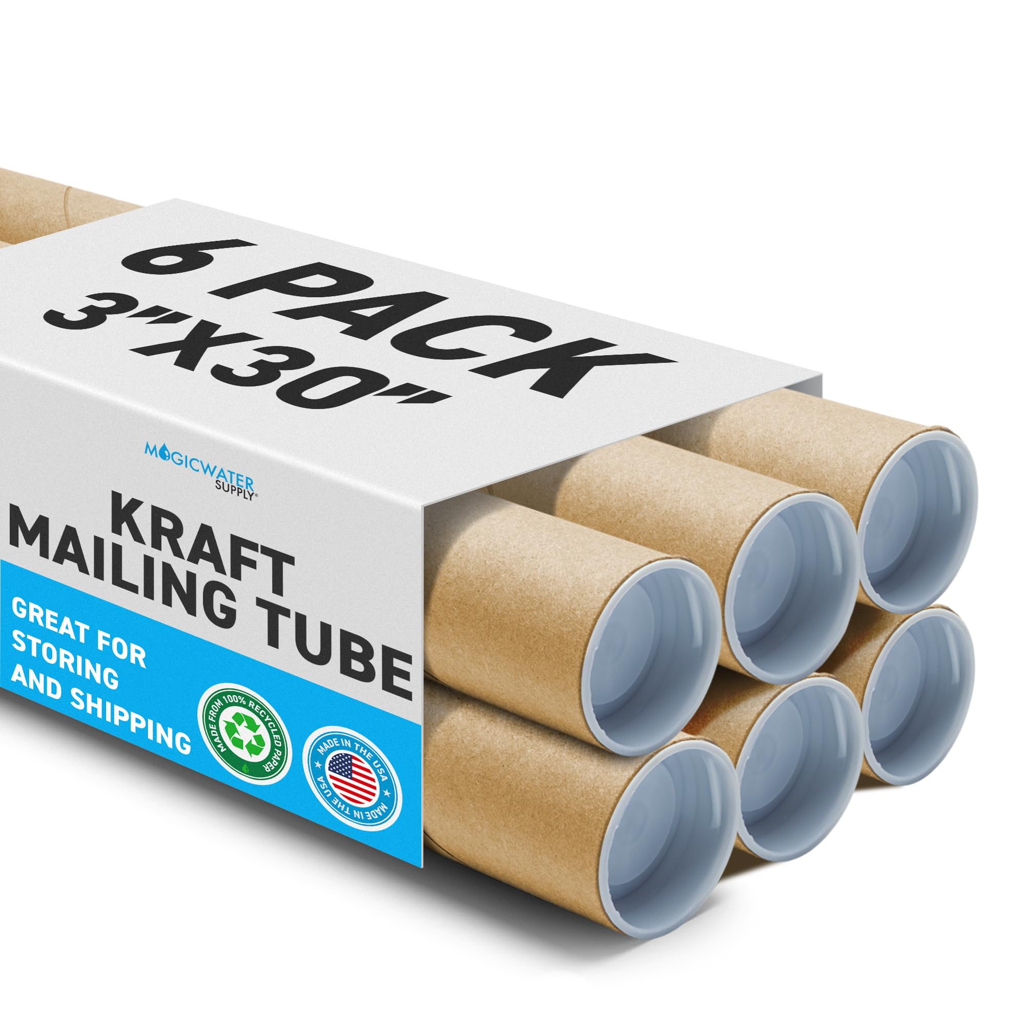MagicWater Supply Mailing Tube - 3 in x 30 in - Kraft - 6 Pack - for Shipping and Storage of Posters, Arts, Crafts, and Documents
