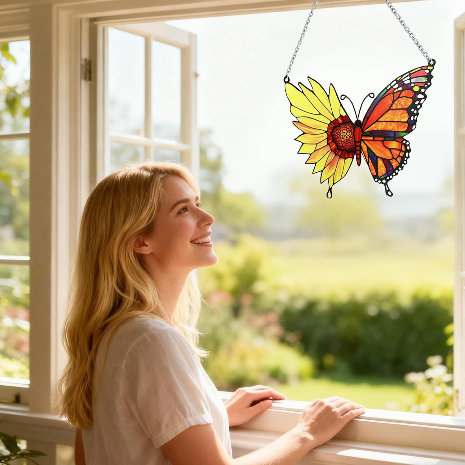 Stained Glass Window Hanging, Sunflower Suncatcher Gifts for Women,Men and Mom, Sunflower Glass Window Decor for Garden Home Decor, Mother's Day, Birthday Gift, Grandma Gift