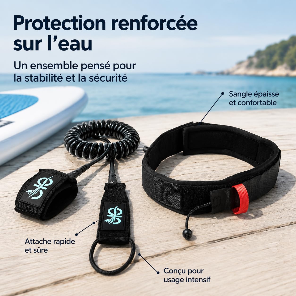 Leash Wing Foil Vita Regolabile, Guinzaglio Paddleboard per Sport Acquatici, Cinturino alla Caviglia Staccabile, Resistente all'Acqua, Corda in vita più corda da 7 mm alla caviglia