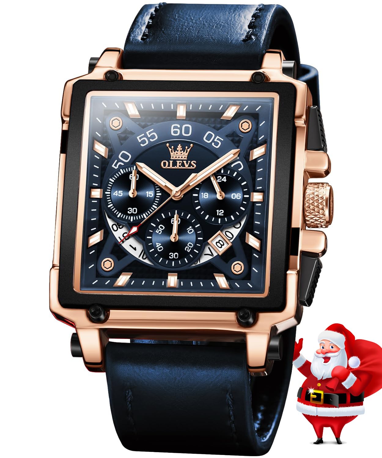 OLEVS Square Watches for Men Blue Leather Chronograph Fashion Business Watch Luminous Waterproof Casual Wrist Watches (B0DDTDDV1W) Amazon Price History, Amazon Price Tracker