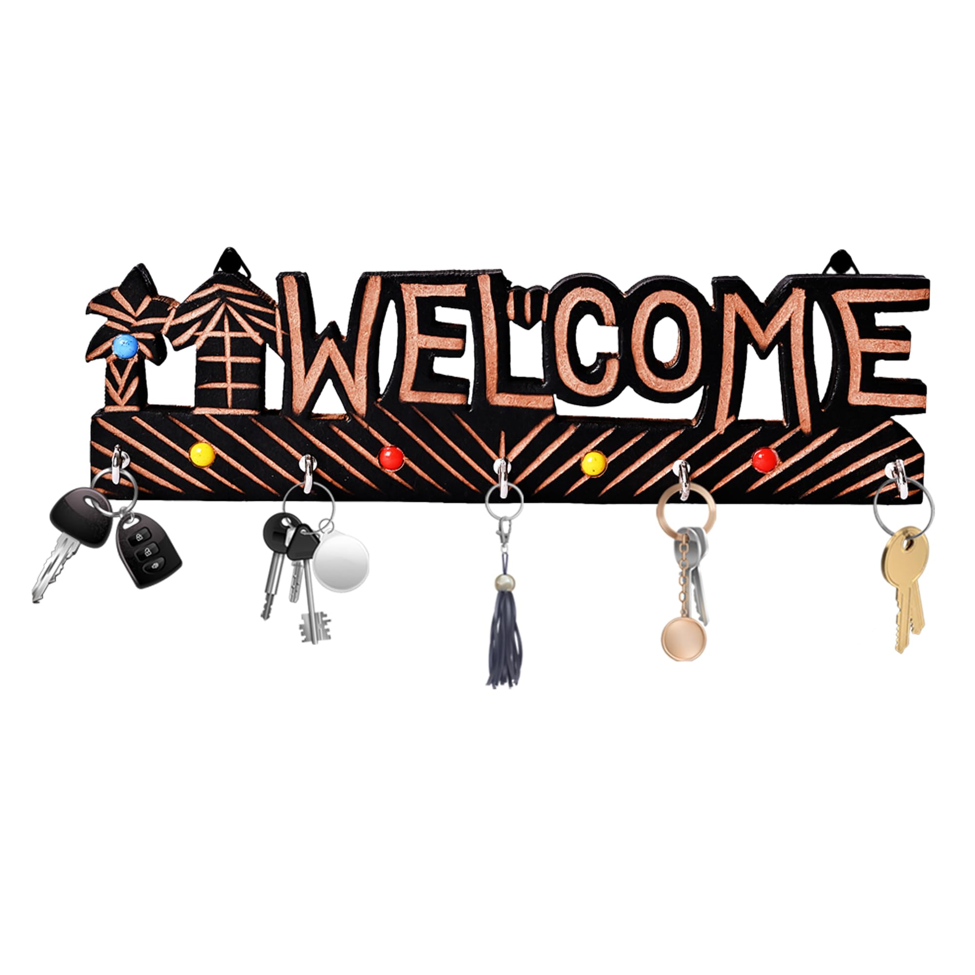 CRAFTY ESSENTIALS Welcome Design Wooden Key Holder Decorative Wall Decor Key Holder for Home MDF Wood Key Chain Holder with 5 Hooks 15x12 cm
